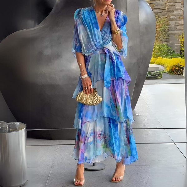 Damska Sukienka Midi Drapowana V Neck Niebieska Wieczorowa
