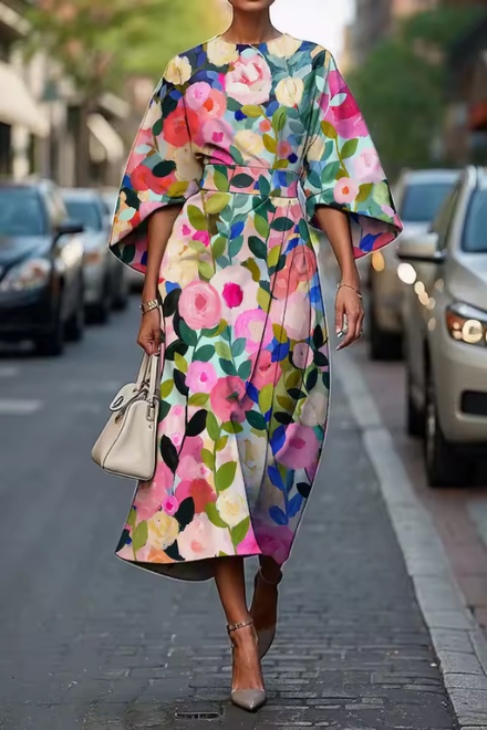 Damska Sukienka Midi na Wesele w Kwiaty Kimono