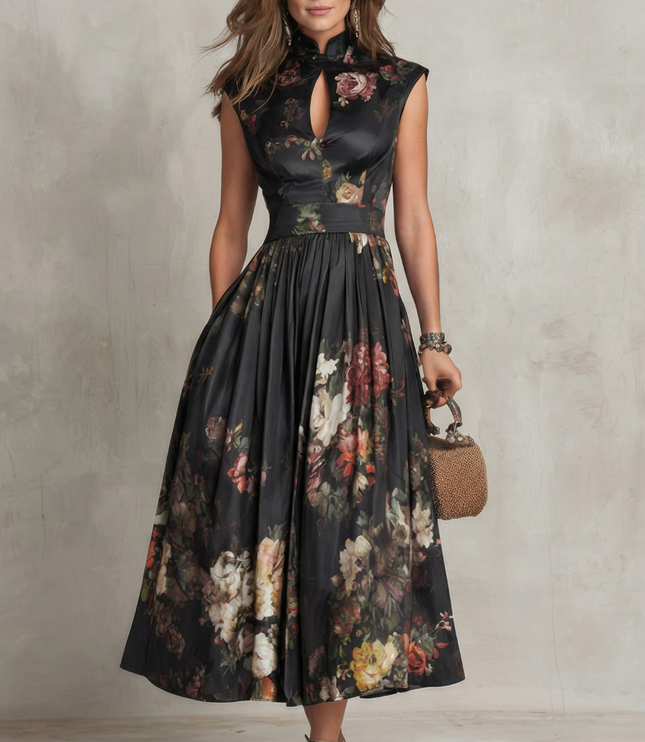 Czarna Sukienka Midi Vintage w Kwiaty Damska