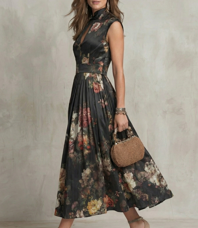 Czarna Sukienka Midi Vintage w Kwiaty Damska
