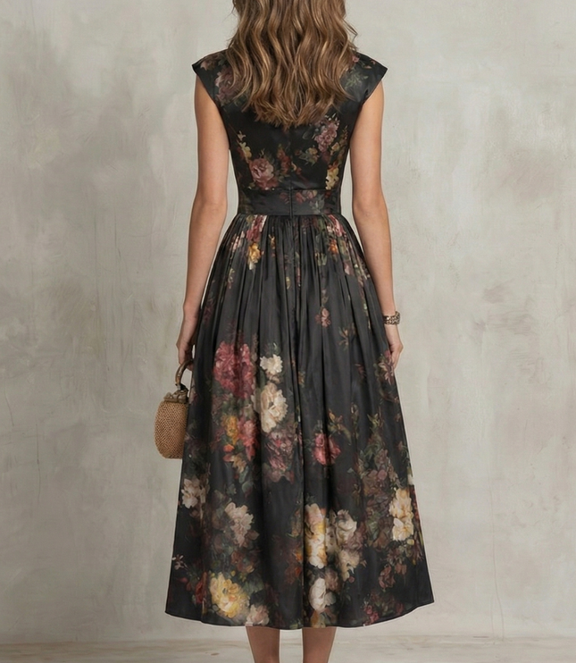 Czarna Sukienka Midi Vintage w Kwiaty Damska
