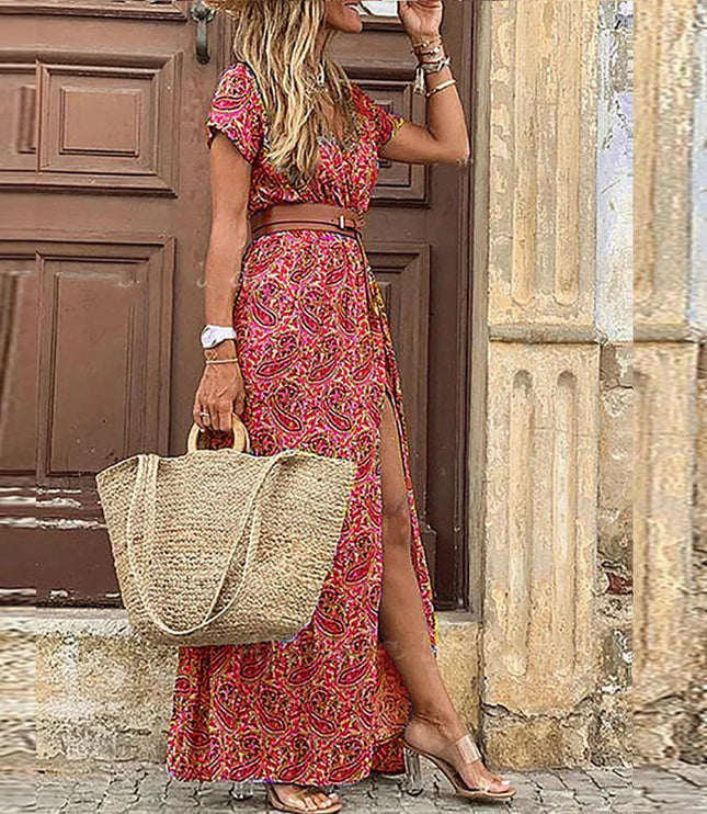 Damska Sukienka Boho Maxi z Paskiem Zwiewna Letnia