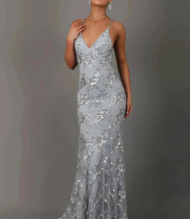 Damska Sukienka Maxi Cekinowa V-Neck na Ramiączkach