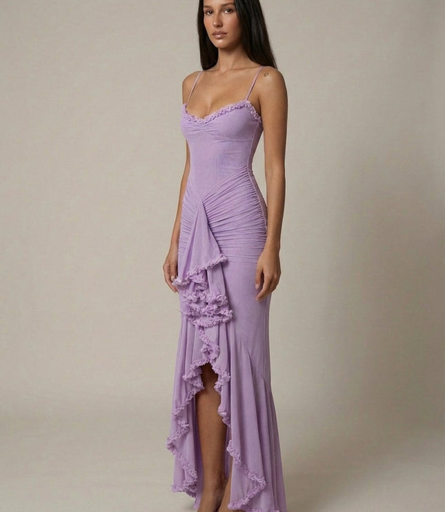 Damska Sukienka Maxi Elegancka z Falbaną Wieczorowa