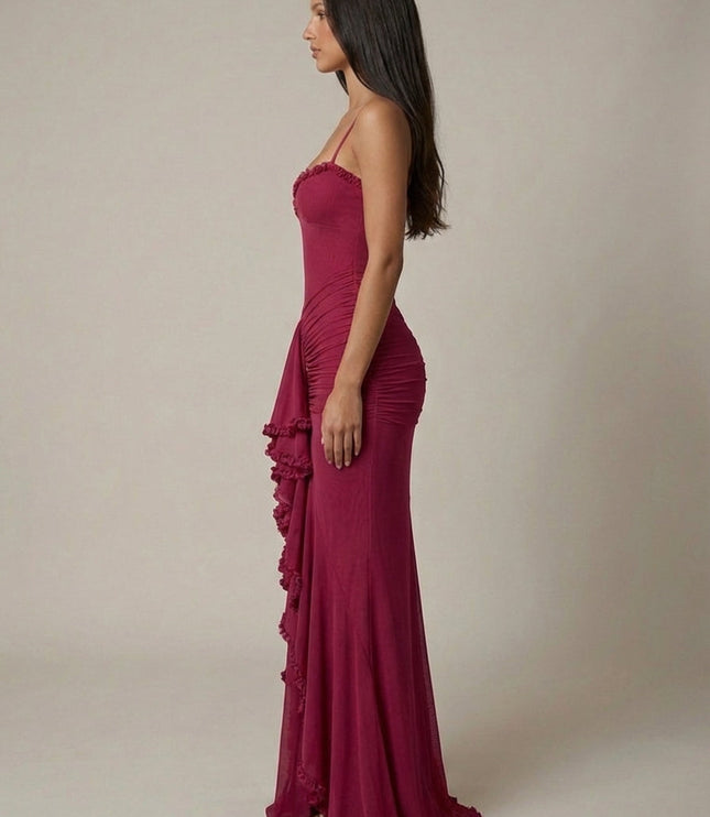 Damska Sukienka Maxi Elegancka z Falbaną Wieczorowa