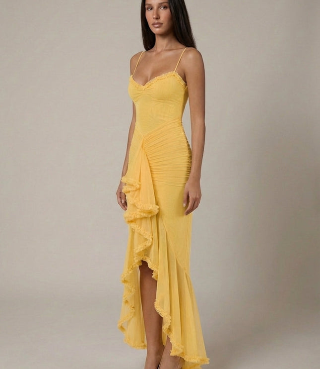Damska Sukienka Maxi Elegancka z Falbaną Wieczorowa