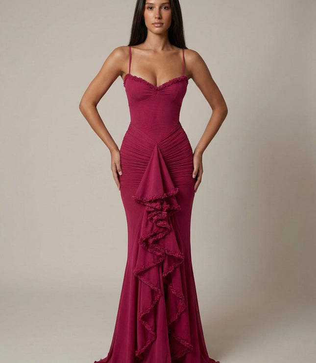 Damska Sukienka Maxi Elegancka z Falbaną Wieczorowa