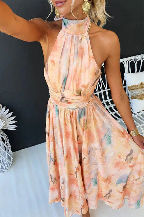 Damska Sukienka Maxi Halter Abstrakcyjny Print Brzoskwiniowa