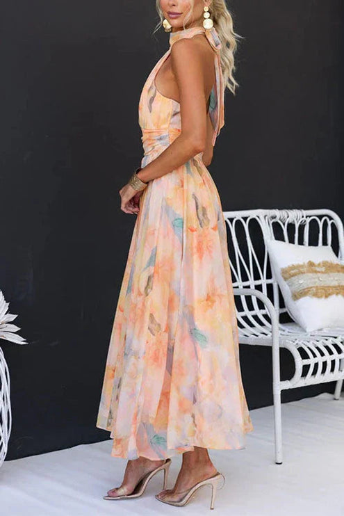 Damska Sukienka Maxi Halter Abstrakcyjny Print Brzoskwiniowa
