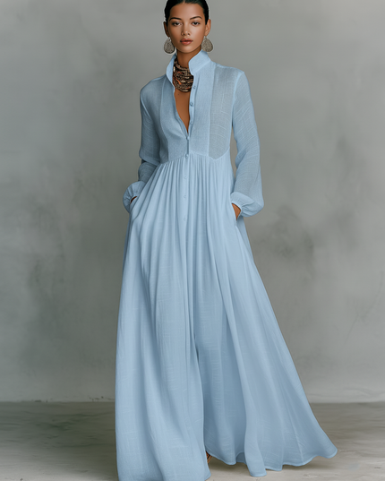 Damska Sukienka Maxi Minimalistyczna Stojacy Kolnierz Elegancka
