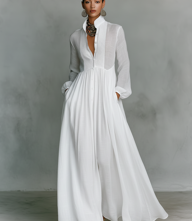 Damska Sukienka Maxi Minimalistyczna Stojacy Kolnierz Elegancka