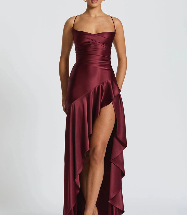 Damska Sukienka Maxi Satynowa Cowl Neck High Low