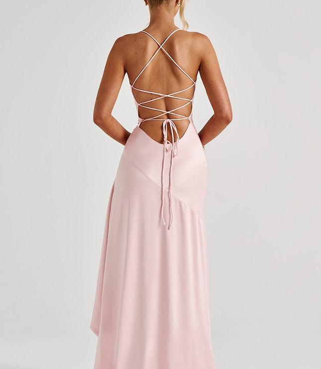Damska Sukienka Maxi Satynowa Cowl Neck High Low