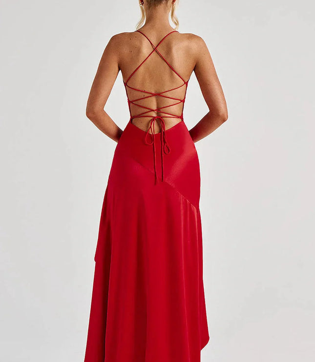 Damska Sukienka Maxi Satynowa Cowl Neck High Low
