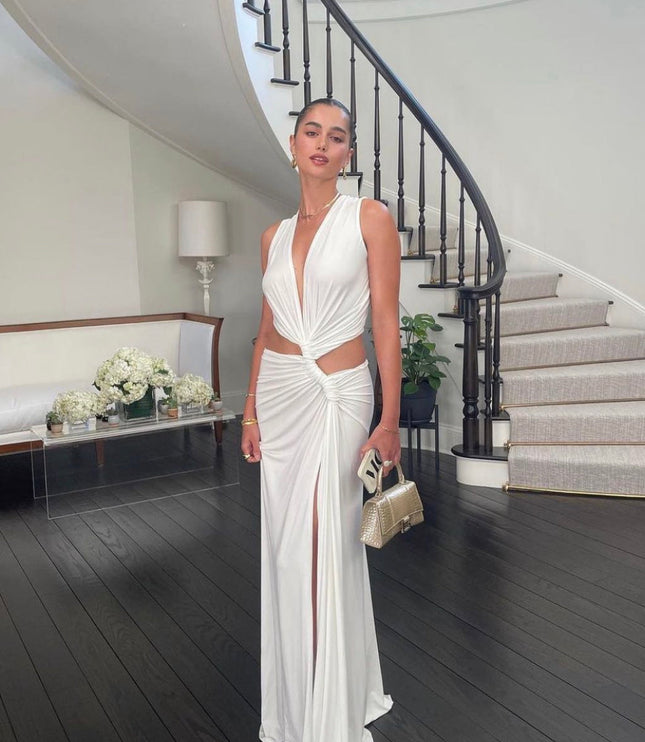 Damska Sukienka Maxi V-Neck z Wycięciem i Rozcięciem