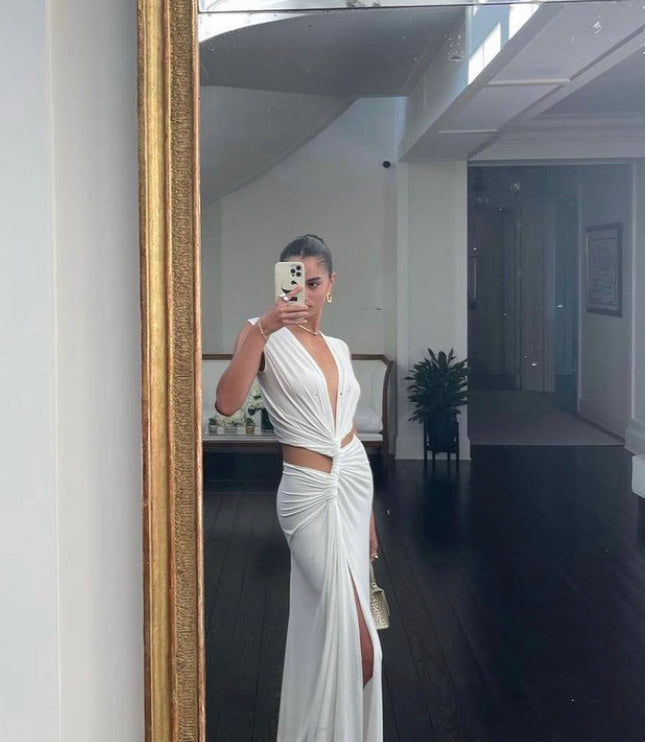 Damska Sukienka Maxi V-Neck z Wycięciem i Rozcięciem