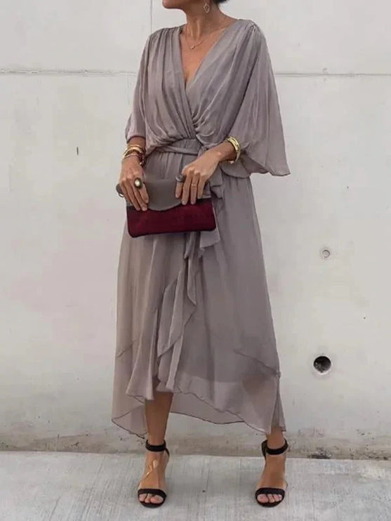 Damska Sukienka Midi Szyfonowa z Rekawem Kimono V-Neck