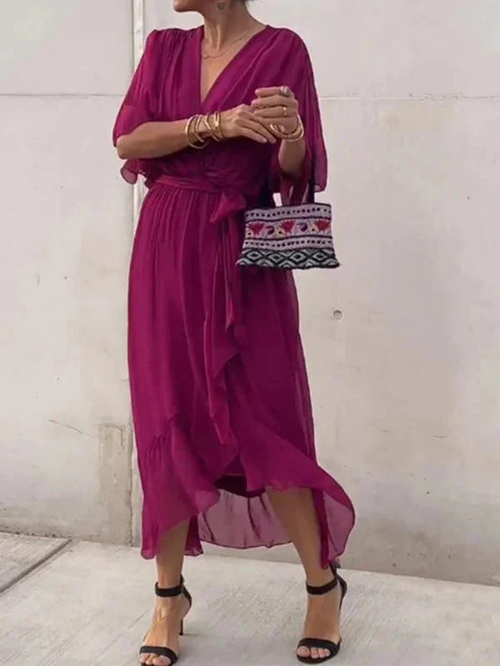 Damska Sukienka Midi Szyfonowa z Rekawem Kimono V-Neck