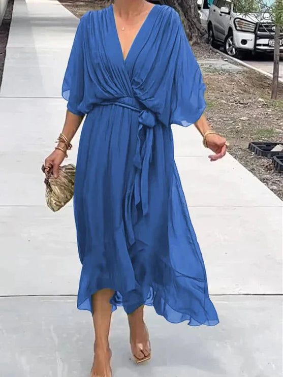 Damska Sukienka Midi Szyfonowa z Rekawem Kimono V-Neck