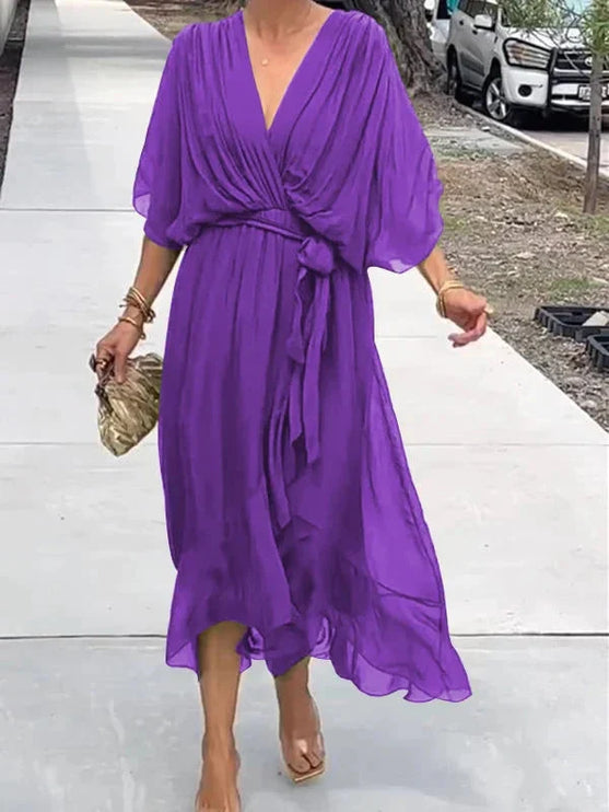 Damska Sukienka Midi Szyfonowa z Rekawem Kimono V-Neck