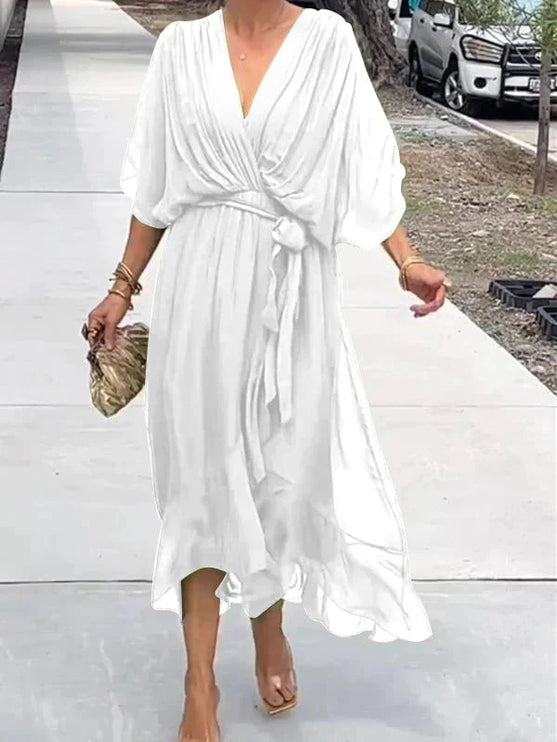 Damska Sukienka Midi Szyfonowa z Rekawem Kimono V-Neck