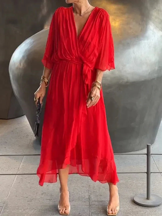Damska Sukienka Midi Szyfonowa z Rekawem Kimono V-Neck