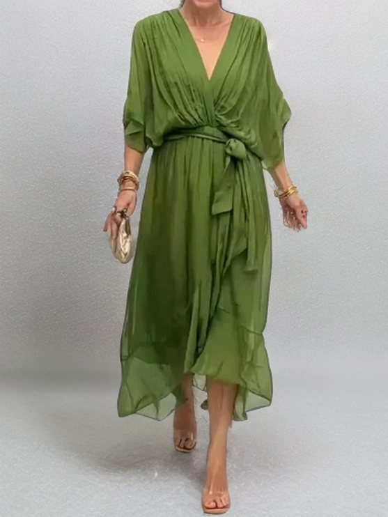 Damska Sukienka Midi Szyfonowa z Rekawem Kimono V-Neck