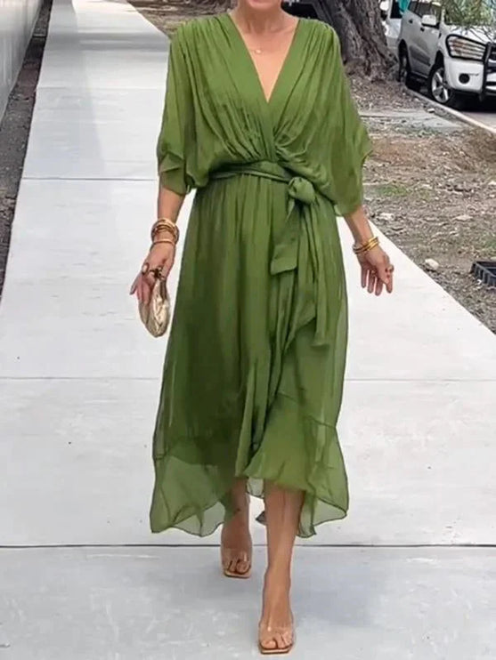 Damska Sukienka Midi Szyfonowa z Rekawem Kimono V-Neck