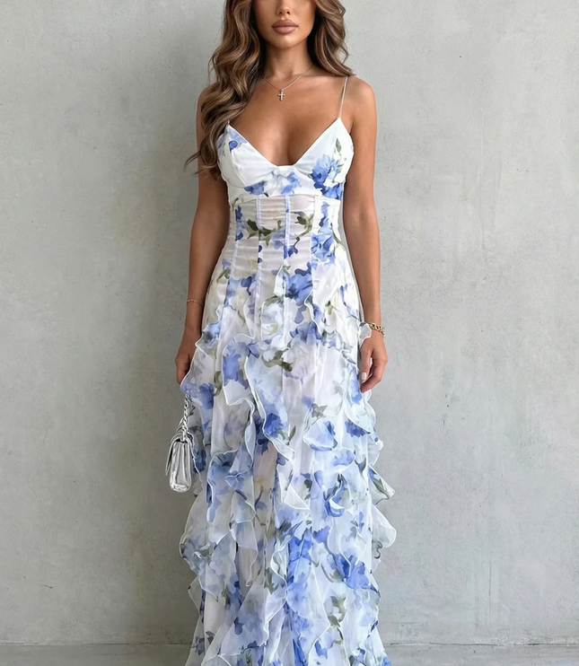 Jasnoniebieskia Sukienka Maxi Wieczorowa z Falbanami